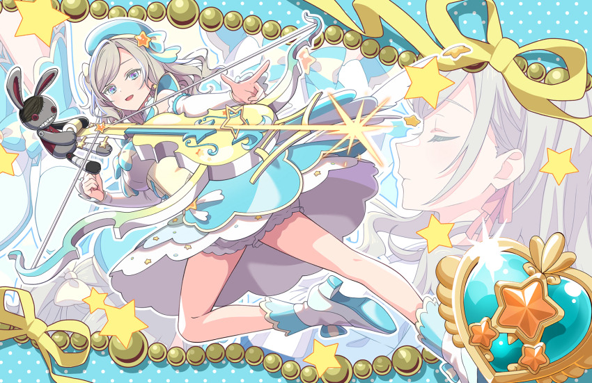 1girl :d bare_shoulders beret black_dress bloomers blue_background blue_eyes blue_hat blue_shoes bow_(weapon) breasts ceras_yanagida_lilienfeld ceras_yanagida_lilienfeld_(mahou_shoujo_rhythmic_heart) crossbow detached_sleeves dress earrings full_body game_cg grey_hair hair_ribbon hat hat_ornament high_heels highres jewelry large_breasts link!_like!_love_live! long_hair love_live! magical_girl multiple_views non-web_source official_art open_mouth pink_ribbon ribbon shoes short_dress smile socks star_(symbol) star_earrings star_hat_ornament stuffed_animal stuffed_rabbit stuffed_toy underbust underwear upskirt virtual_youtuber weapon white_bloomers white_socks yellow_corset