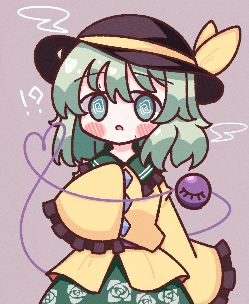 !? 1girl :o @_@ absurdres black_hat blush blush_stickers bow buttons confused diamond_button floral_print frilled_shirt_collar frilled_sleeves frills green_eyes green_hair green_skirt hat hat_bow heart heart_of_string highres komeiji_koishi light_green_hair long_sleeves medium_hair open_mouth rose_print shirt simple_background skirt sleeves_past_wrists solo steam third_eye touhou waroemon yellow_bow yellow_shirt