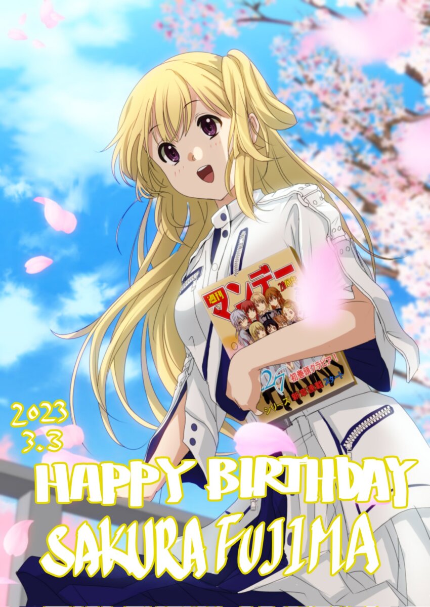 1girl 22/7 blonde_hair boku_wa_konya_deteiku bxtbsy7q76gxh73 character_name cherry_blossoms cowboy_shot dated from_below fujima_sakura happy_birthday highres holding holding_magazine long_hair looking_ahead magazine_(object) one_side_up open_mouth outdoors purple_eyes smile solo standing teeth uniform