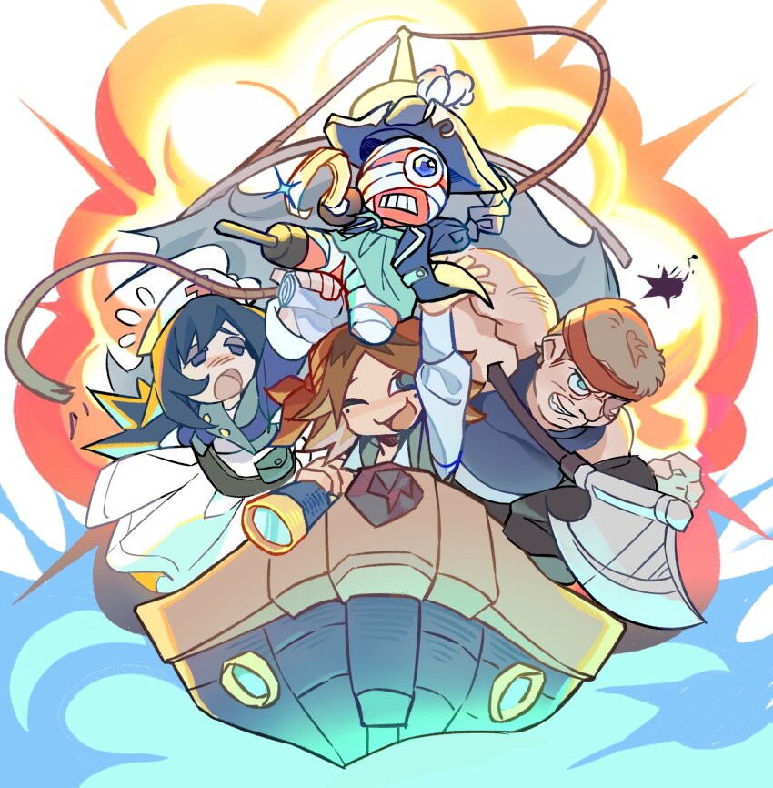 1girl 4boys :d :o anya_(mouthwashing) aqua_eyes arm_up axe bandages black_hair blue_eyes boat brown_hair clenched_teeth curly_(mouthwashing) curly_(post-crash)_(mouthwashing) daisuke_(mouthwashing) deformed dule_(anhaidule) explosion green_eyes grin hat headband highres holding holding_axe holding_bandages holding_telescope hook_hand jimmy_(mouthwashing) long_hair male_focus missing_eye mole mole_under_eye mouthwashing multiple_boys nurse one_eye_closed open_mouth peg_leg pirate_hat red_headband short_hair smile swansea_(mouthwashing) teeth telescope watercraft
