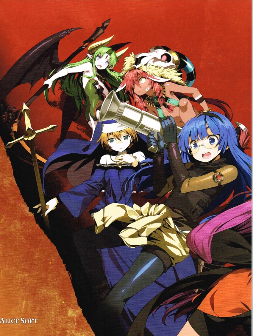absurdres alice_soft artist_request blonde_hair blue_hair dark-skinned_female dark_skin ferris_(rance) green_hair gun highres horns maria_custard multiple_girls nun official_art rance_(series) rance_03 rance_03_leazas_kanraku red_hair scythe weapon