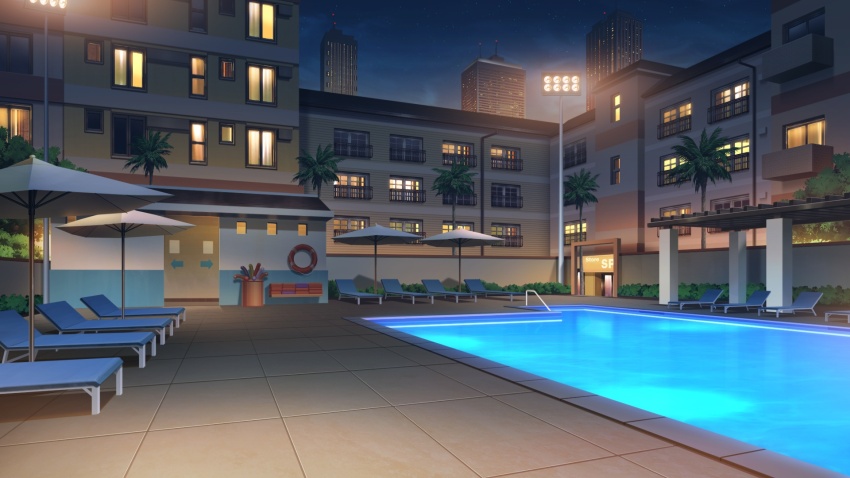 apartment balcony caustics chair city_lights floodlights highres lifebuoy light_reflection_(water) lounge_chair night no_humans non-web_source official_art our_life our_life:_beginnings_and_always outdoors palm_tree pool pool_ladder pool_noodle scenery swim_ring tile_floor tiles tree umbrella variant_set window