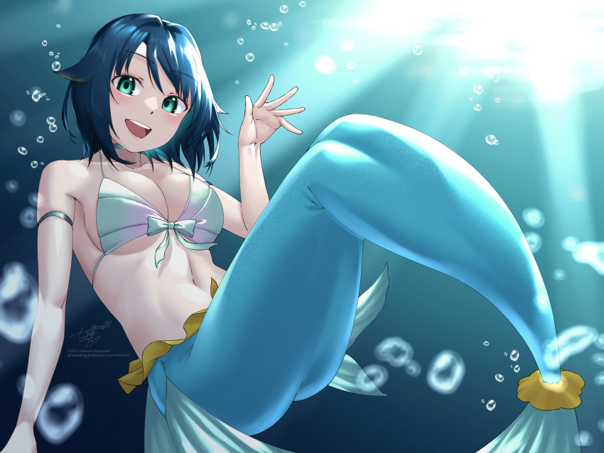 1girl :d air_bubble awono_nanaumi bikini blue_hair breasts bubble cleavage collarbone commentary_request fukami_nana_(awono_nanaumi) green_eyes hair_flaps highres large_breasts mermaid monster_girl navel open_mouth original short_hair smile solo swimsuit teeth underwater upper_teeth_only