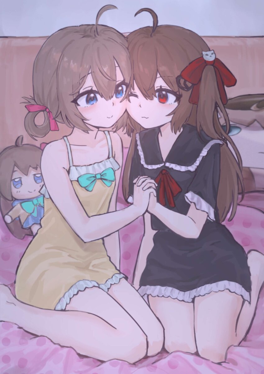 2girls absurdres ahoge aqua_bow aqua_bowtie black_collar black_pajamas blue_eyes bow bowtie broken_heart_hair_ornament brown_hair closed_mouth collar collarbone commentary crossed_fingers english_commentary evil_neuro-sama fiansand frilled_pajamas frills full_body hair_between_eyes hair_rings highres indoors long_hair multiple_girls neuro-sama pajamas pink_ribbon red_bow red_bowtie red_eyes red_ribbon ribbon siblings sisters sitting smile stuffed_toy twins two_side_up vedal_ai virtual_youtuber yellow_pajamas