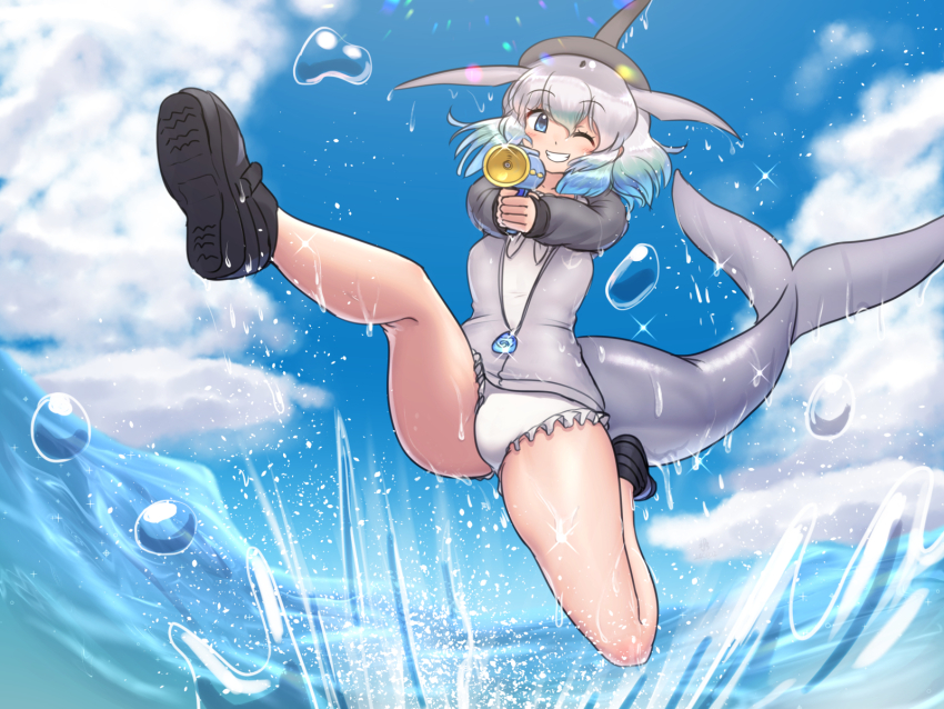 1girl bikini blue_eyes blue_hair blush cetacean_tail common_bottlenose_dolphin_(kemono_friends) dolphin_girl dorsal_fin fins fish_tail frilled_bikini frills grey_hair highres jacket jacket_over_swimsuit kemono_friends kemono_friends_3 looking_at_viewer mo23 multicolored_hair one_eye_closed short_hair smile solo swimsuit tail water white_hair