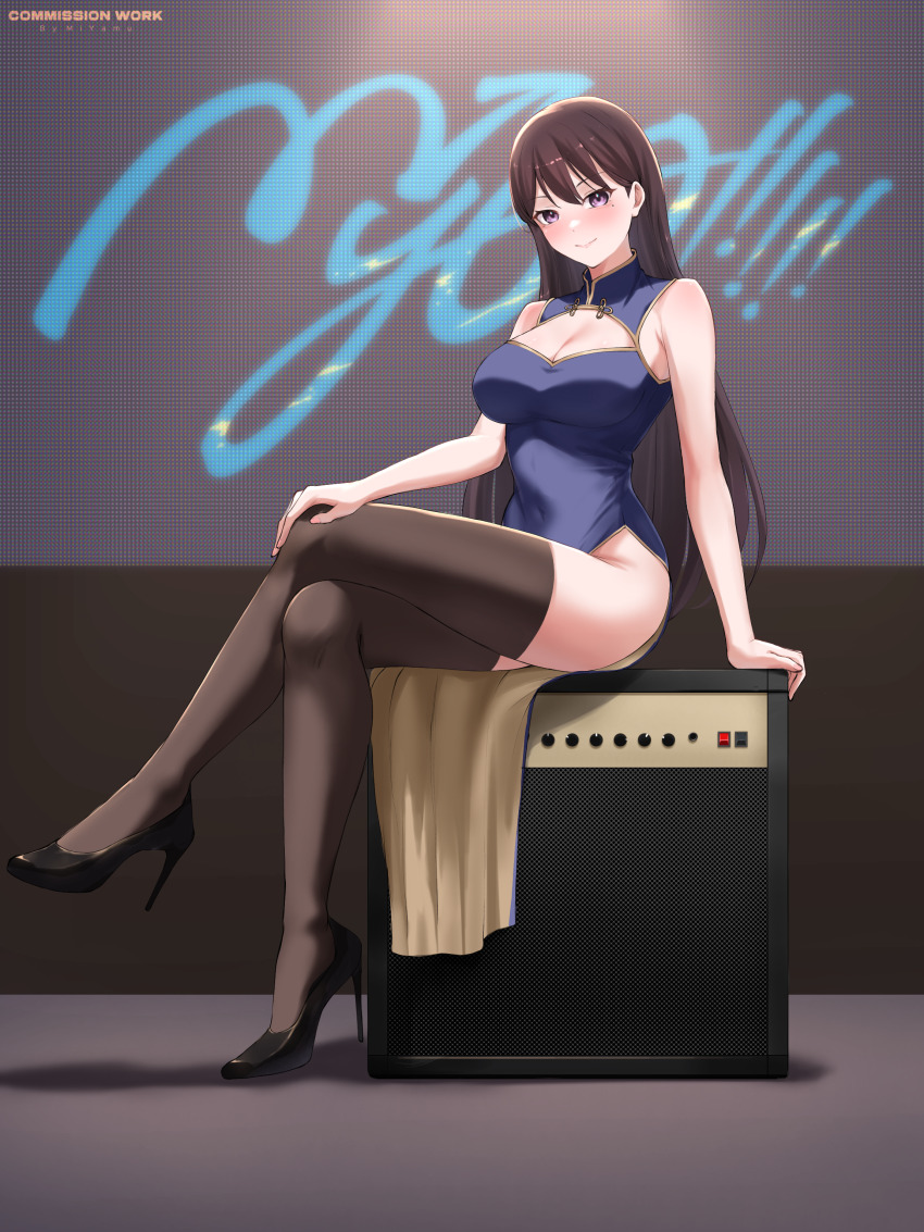 1girl absurdres alternate_costume bang_dream! bang_dream!_it&#039;s_mygo!!!!! black_eyes black_hair black_thighhighs blush breasts commentary commission dress english_commentary high_heels highres indoors large_breasts long_hair long_sleeves looking_at_viewer miyamu mygo!!!!!_logo_(bang_dream!) scenery shiina_taki sitting smile solo thighhighs vgen_commission