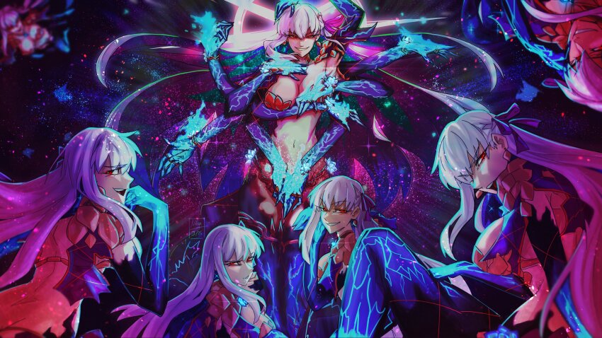 6+girls absurdres armor bare_arms bare_back bare_hips bare_legs bare_shoulders bikini_armor blue_fire breasts cleavage evil_smile extra extra_arms fate/grand_order fate_(series) fire flying hair_ribbon halo highres jewelry kama_(beast_iii/l)_(fate) kama_(fate) kamuify large_breasts long_hair looking_at_viewer medium_breasts multicolored_hair multiple_girls navel petals red_eyes ribbon smile star_(symbol) star_symbol_background upside-down very_long_hair white_hair