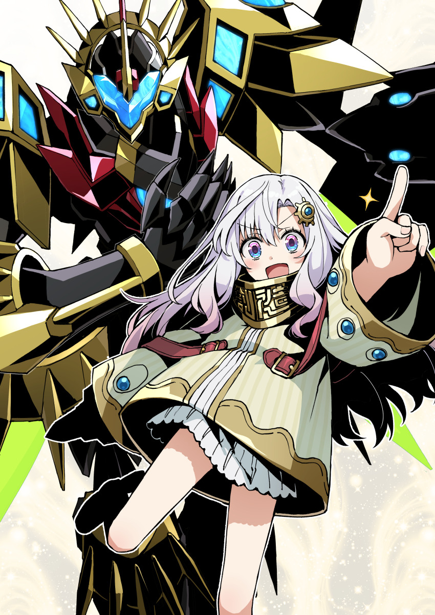 1girl :d absurdres brown_jacket dress grey_hair hair_between_eyes hair_ornament highres index_finger_raised jacket long_hair looking_at_viewer open_mouth original outstretched_arm parted_bangs purple_eyes robot smile somechime_(sometime1209) standing standing_on_one_leg v-shaped_eyebrows very_long_hair white_dress