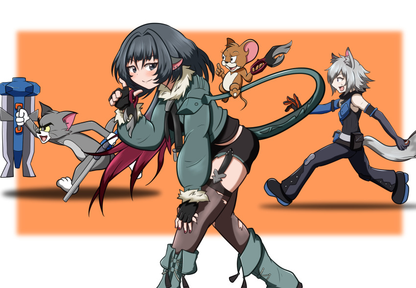 1girl 3boys animal_ears black_eyes black_hair cat cat_boy cat_ears cat_tail chasing crossover feet_out_of_frame full_body green_jacket grey_hair highres holding holding_shield jacket jane_doe_(zenless_zone_zero) jerry_(tom_and_jerry) leaning_forward looking_at_viewer midriff_peek mouse_(animal) mouse_girl mouse_tail multiple_boys seth_lowell shield short_shorts shorts smile solo_focus species_connection tail tatsu_(hukkatsu) thighhighs tom_(tom_and_jerry) tom_and_jerry torn_clothes torn_thighhighs zenless_zone_zero zettai_ryouiki
