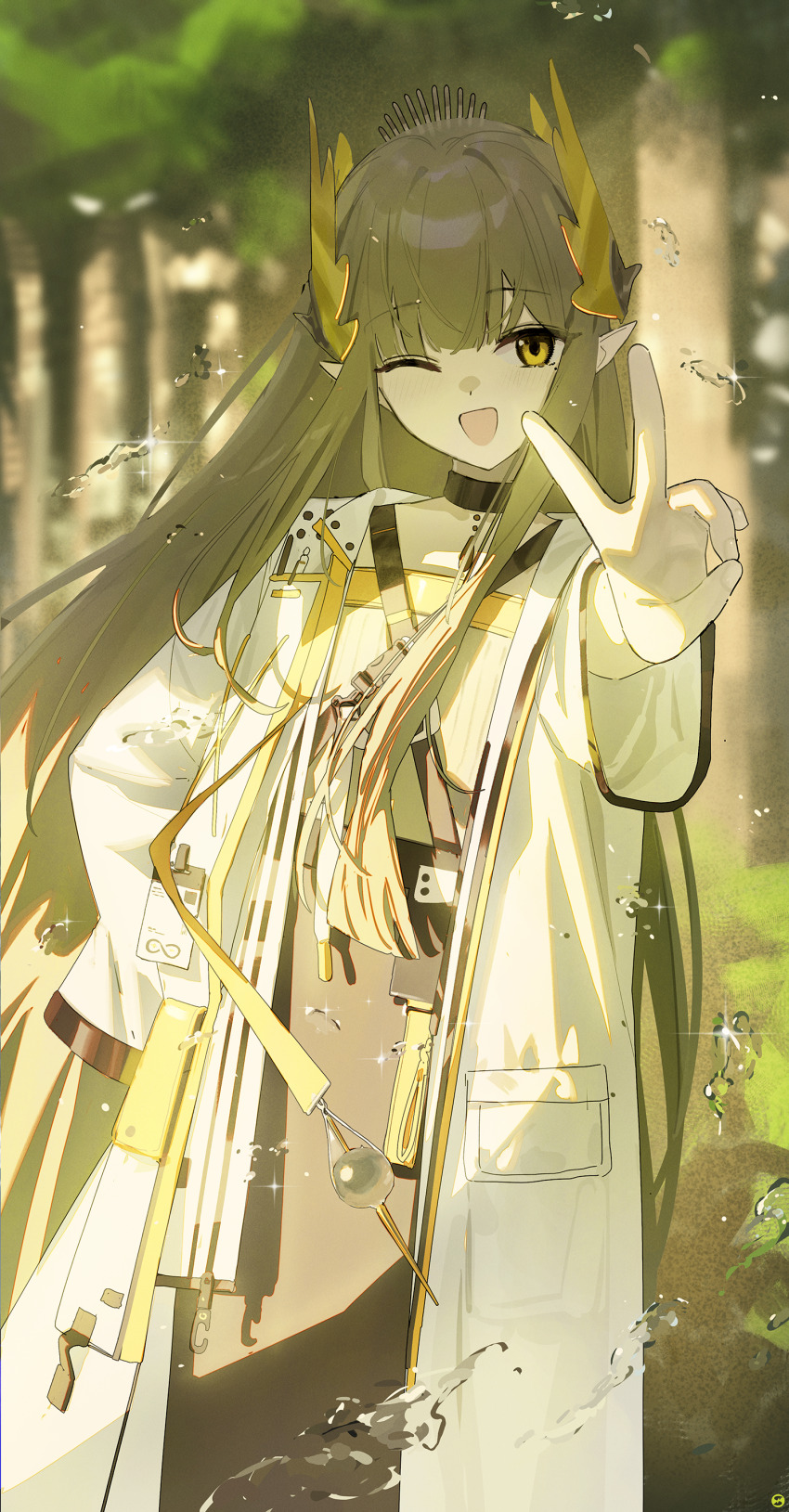 1girl absurdres arknights black_choker blurry blurry_background choker coat commentary_request elf green_eyes green_hair hand_on_own_hip hand_up highres lab_coat laurel_crown long_hair long_sleeves looking_at_viewer mole mole_under_eye muelsyse_(arknights) open_clothes open_coat open_mouth pointy_ears smile solo songchuan_li v white_coat
