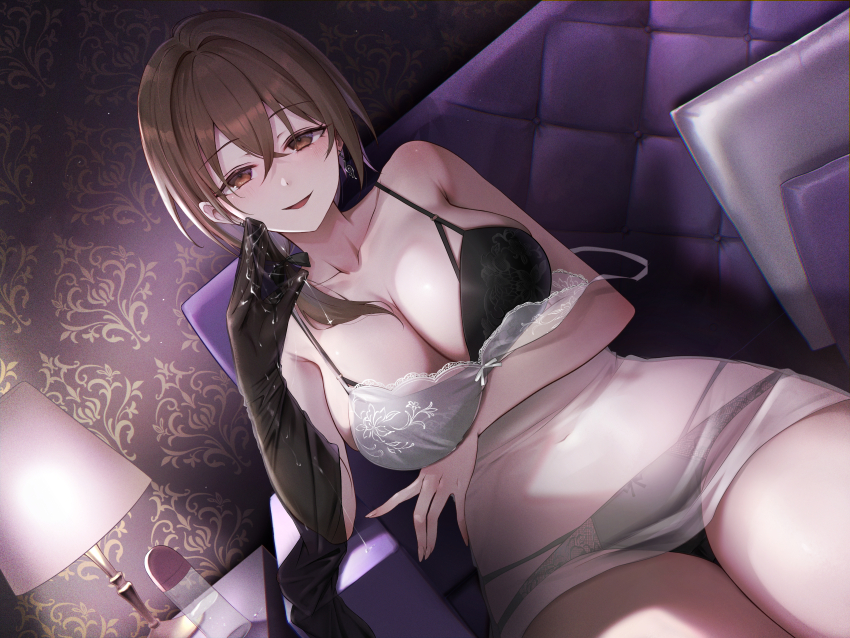 1girl absurdres arm_under_breasts babydoll bare_arms black_bra black_panties black_socks blush bra breasts brown_eyes brown_hair cleavage collarbone commentary_request couch crossed_bangs dutch_angle highres indoors kai_(esugi) lamp large_breasts looking_at_viewer lubrication navel original panties see-through_babydoll see-through_clothes short_hair sitting smile socks solo strap_slip table thighs underwear unworn_socks wide_hips