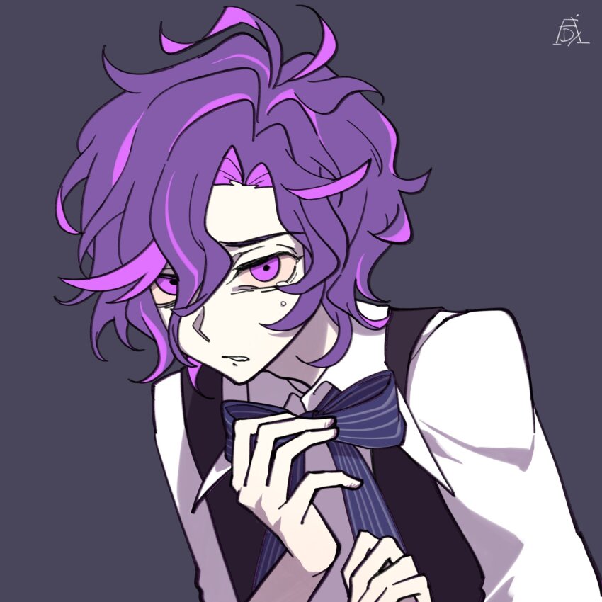 1boy adam&#039;s_apple bags_under_eyes black_vest bow crying dame_x_prince hair_between_eyes highres lamadaisuke looking_at_viewer male_focus mare_selen_el_phiriazar messy_hair pale_skin parted_lips purple_background purple_eyes purple_hair simple_background solo striped_bow upper_body vest