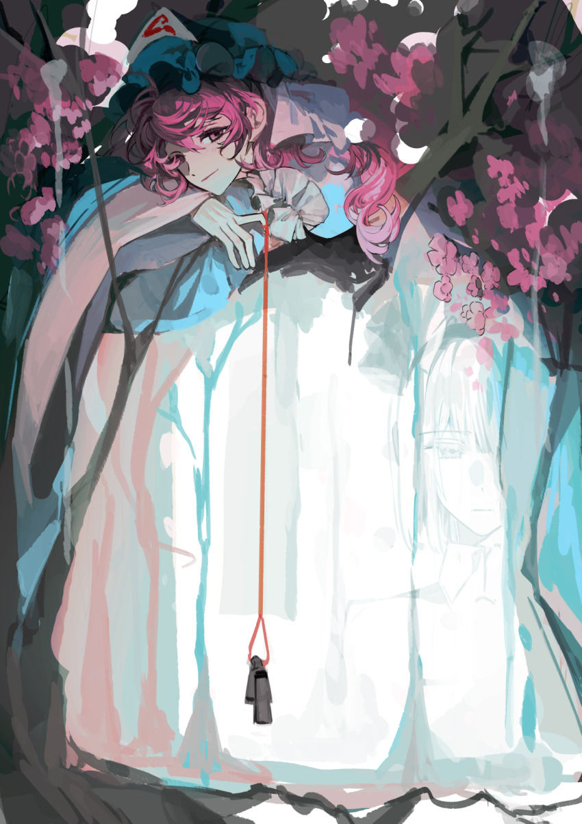 3girls :| blue_kimono blush branch cherry_blossoms closed_mouth dual_persona flower hair_between_eyes hat highres japanese_clothes kimono konpaku_youmu light_smile long_hair long_sleeves looking_at_viewer lying mob_cap multiple_girls noose on_stomach pink_eyes pink_hair saigyouji_yuyuko saigyouji_yuyuko_(living) string string_of_fate suicide touhou tree triangular_headpiece veil wavy_hair xian_qishui