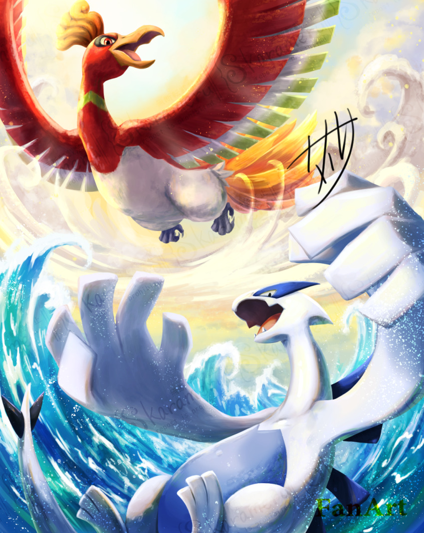 bird commentary_request day fang flying gen_2_pokemon highres ho-oh legendary_pokemon lugia nintendo no_humans open_mouth outdoors pokemon pokemon_(creature) red_eyes signature skarameru tongue water waves