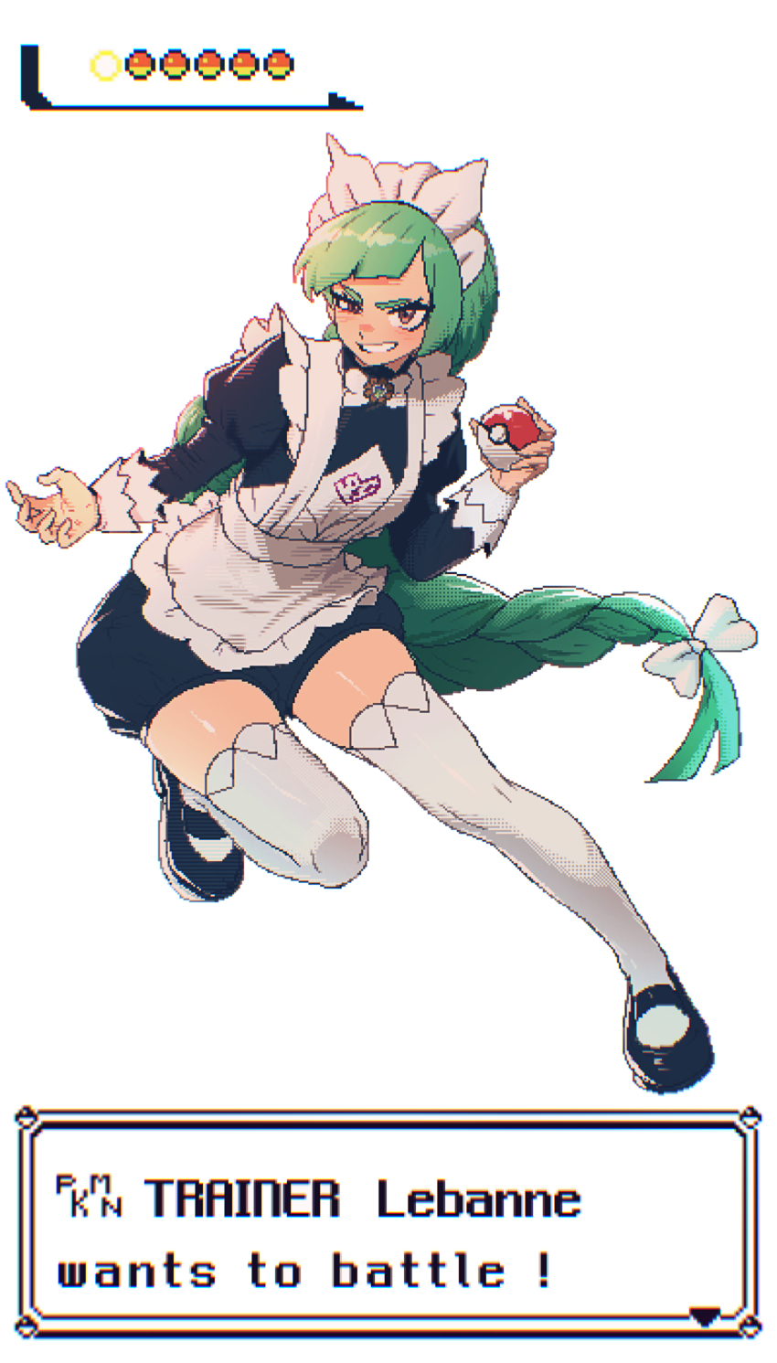 1girl absurdres apron black_dress braid braided_ponytail brown_eyes dress green_hair highres holding holding_poke_ball juliet_sleeves lebanne_(pokemon) long_hair long_sleeves looking_at_viewer maid maid_apron maid_headdress mega_stone nintendo open_mouth poke_ball poke_ball_(basic) pokemon pokemon_legends:_z-a puffy_sleeves single_braid solo spoiledmuffin thighhighs thighs white_thighhighs