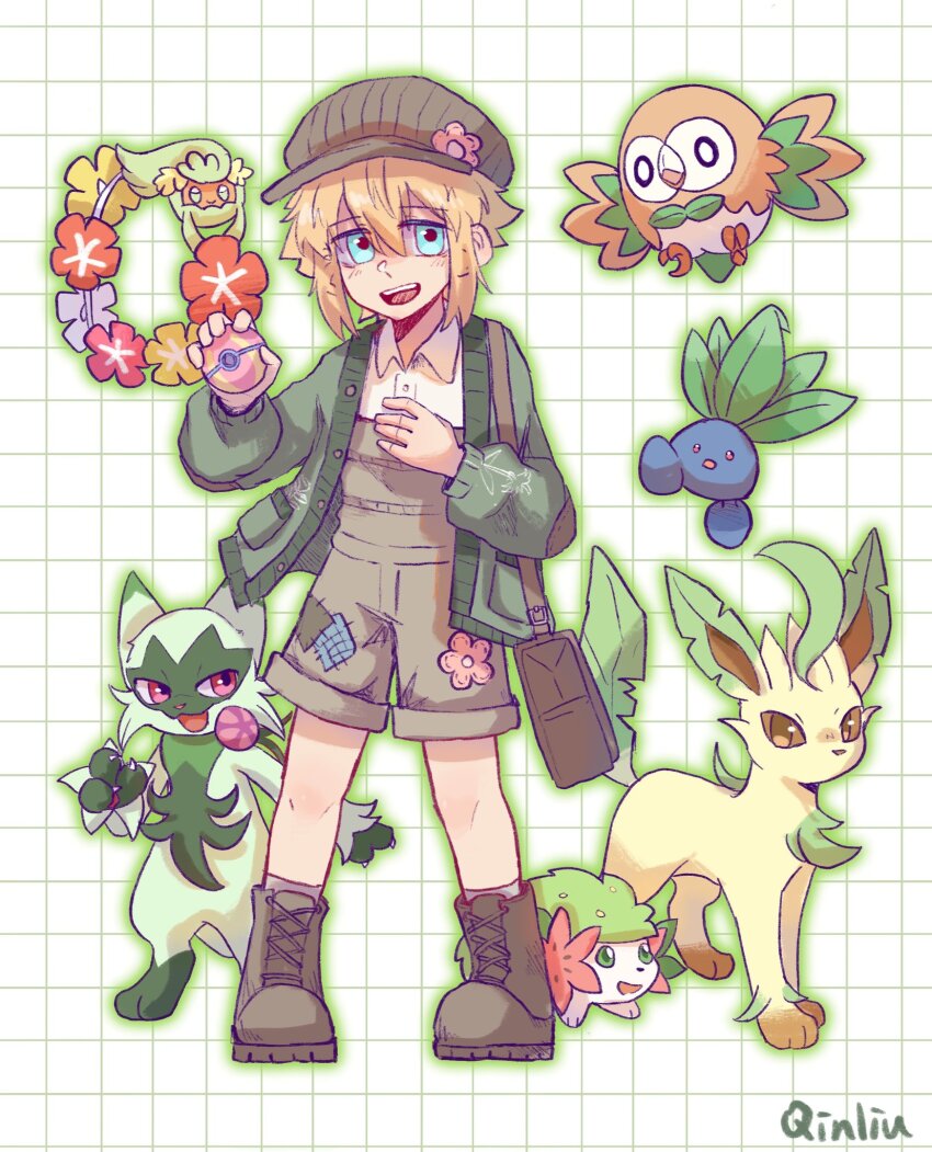 1boy basil_(birthday)_(omori) basil_(faraway)_(omori) basil_(omori) blonde_hair blue_eyes blush boots brown_boots brown_hat brown_overalls collared_shirt comfey commentary crossover floragato gen_1_pokemon gen_4_pokemon gen_7_pokemon hair_between_eyes hat heal_ball highres holding holding_poke_ball lace-up_boots leafeon legendary_pokemon long_sleeves looking_at_viewer male_focus mythical_pokemon nintendo oddish official_alternate_costume omori open_mouth overall_shorts overalls poke_ball pokemon pokemon_(creature) qinliu_cat rowlet shaymin shaymin_(land) shirt short_hair smile standing teeth upper_teeth_only white_shirt