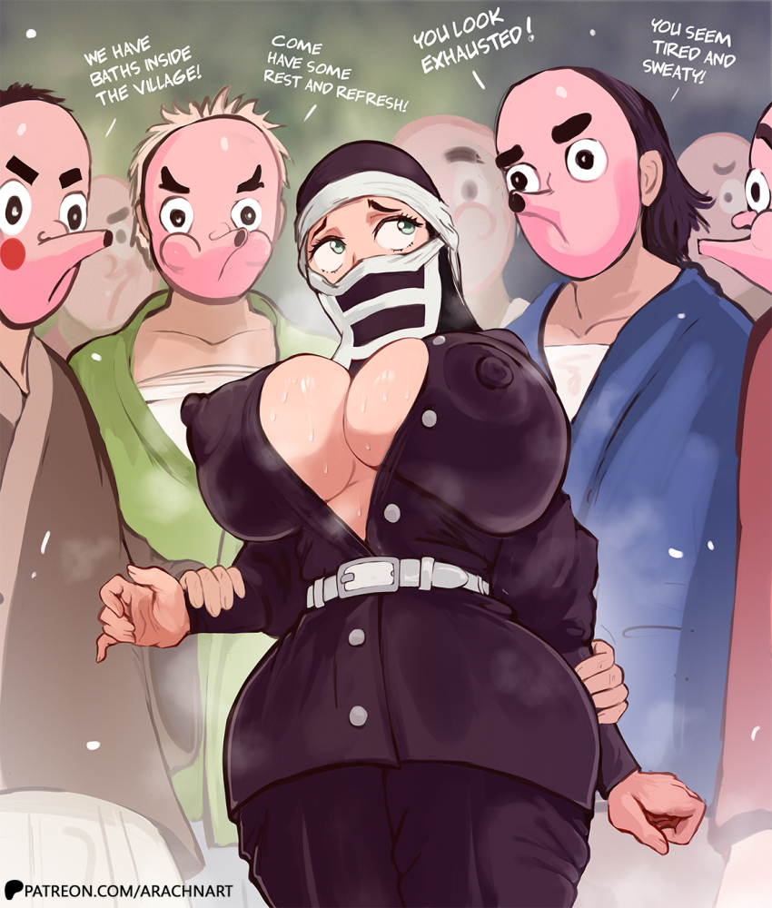 1girl 6+boys arachnart arm_grab breasts covered_erect_nipples english_text highres huge_breasts kakushi_(kimetsu_no_yaiba) kimetsu_no_yaiba looking_up mask multiple_boys sweat sweatdrop tight_clothes