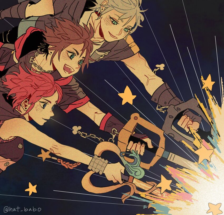 1girl 2boys blue_eyes brown_hair commentary earrings english_commentary grey_hair hat_babo highres holding holding_weapon jewelry kairi_(kingdom_hearts) keyblade kingdom_hearts multiple_boys open_mouth red_hair riku_(kingdom_hearts) smile sora_(kingdom_hearts) spiked_hair star_(symbol) twitter_username weapon