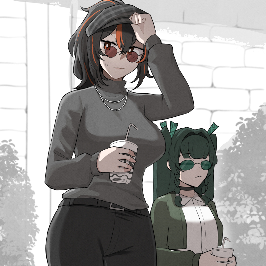 2girls adjusting_clothes adjusting_headwear alternate_costume belt black_belt black_hair black_hat black_pants cup disposable_cup green-tinted_eyewear green_hair green_jacket grey_sweater hat highres holding holding_cup jacket jewelry looking_to_the_side mata_(matasoup) multiple_girls necklace pants ponytail qingyi_(zenless_zone_zero) red_eyes red_hair shirt sweater tinted_eyewear twintails white_shirt zenless_zone_zero zhu_yuan