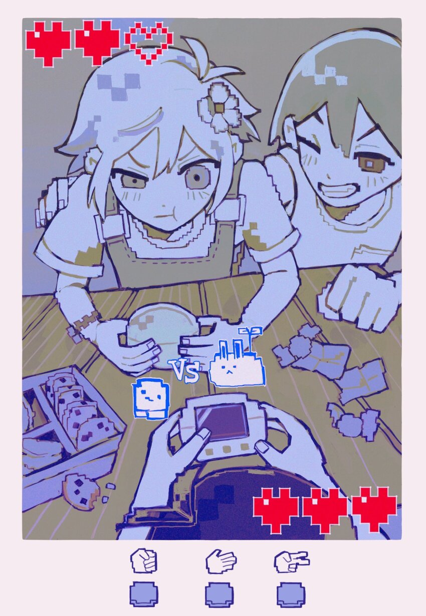 3boys basil_(faraway)_(omori) basil_(omori) cookie flower food grin hair_flower hair_ornament heart highres jash_(omori) kel_(faraway)_(omori) kel_(omori) limited_palette looking_at_another milkymilkyshark multiple_boys omori one_eye_closed overalls parted_lips pout short_hair short_sleeves smile sprout_bunny_(omori) sunny_(omori) teeth