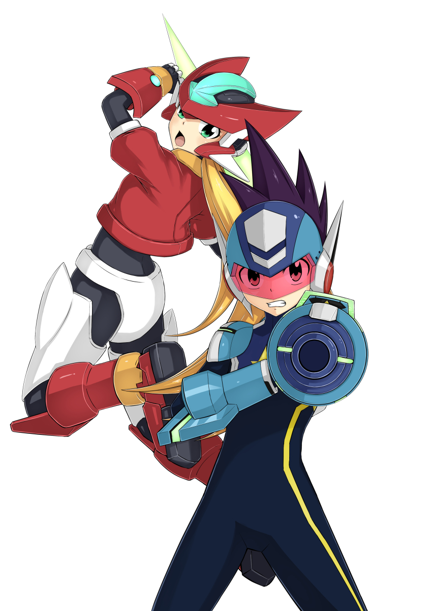 1boy 1girl absurdres abyss_arts aile_(mega_man_zx) arm_cannon armor assault_visor blonde_hair blue_bodysuit bodysuit brown_hair cropped_jacket energy_sword forehead_jewel geo_stelar_(mega_man) green_eyes highres holding holding_sword holding_weapon in-franchise_crossover long_hair mega_man_(series) mega_man_star_force_(series) mega_man_star_force_3 mega_man_zx model_zx_(mega_man) power_armor red-tinted_eyewear red_armor simple_background spiked_hair star_(symbol) star_force_mega_man sword tinted_eyewear trait_connection weapon white_background