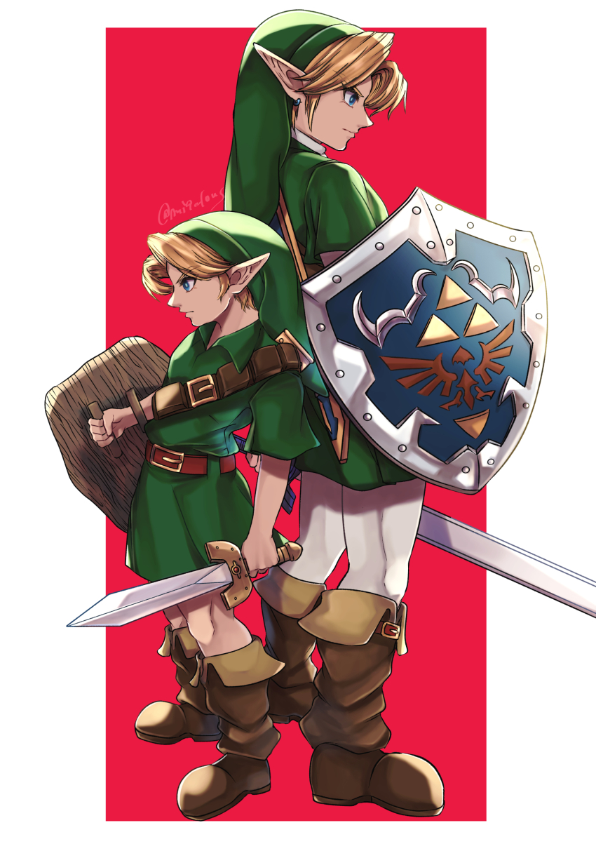 2boys absurdres belt belt_buckle blue_eyes boots brown_belt brown_footwear buckle closed_mouth commentary_request deku_shield from_side green_hat green_tunic hat highres holding holding_shield holding_sword holding_weapon hylian_shield link male_focus master_sword mi9clous multiple_boys nintendo pants pointy_ears profile shield simple_background sword the_legend_of_zelda the_legend_of_zelda:_ocarina_of_time time_paradox tunic twitter_username weapon white_pants wooden_shield young_link