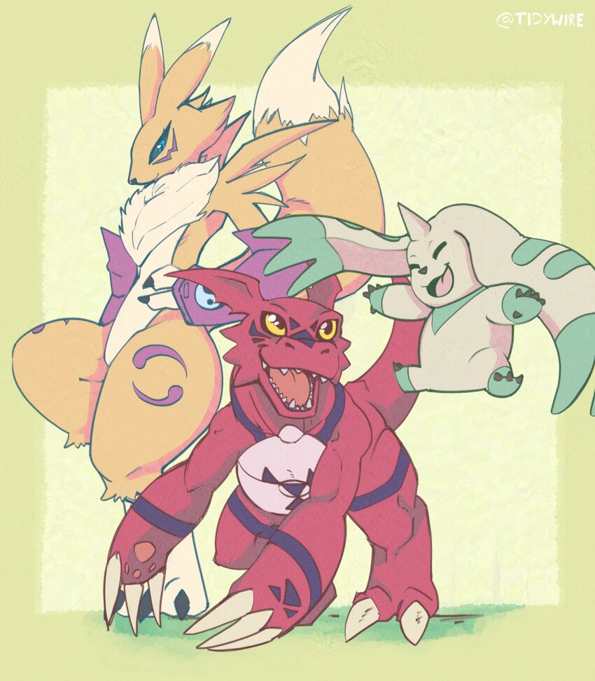 absurdres black_sclera blue_eyes body_fur closed_eyes colored_sclera digimon digimon_(creature) digimon_tamers dinosaur full_body green_background group_picture guilmon highres horns kitsune renamon simple_background single_horn standing terriermon tidywire twitter_username yellow_eyes yellow_fur