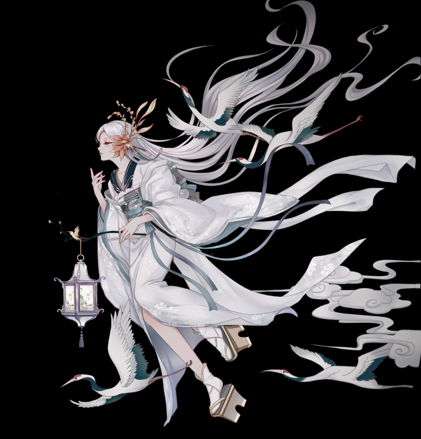 1girl bird black_background cloud crane_(animal) floating_hair hair_ornament hands_up highres japanese_clothes kimono lantern long_hair long_sleeves obi original pink_eyes platform_clogs profile sash shadow shan_gui_yu_yao simple_background socks solo very_long_hair white_hair white_kimono white_socks wide_sleeves