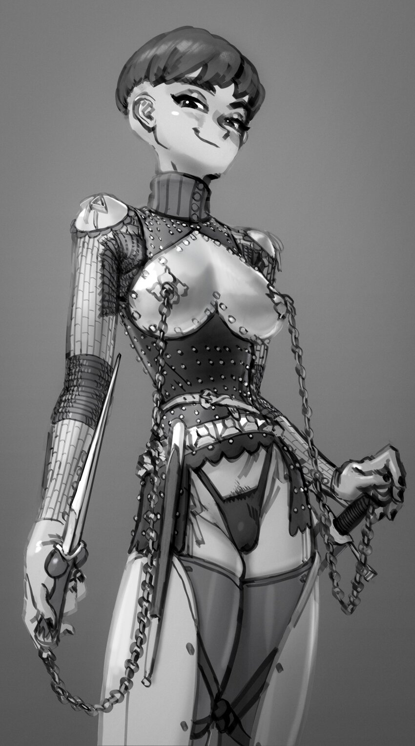 1girl absurdres armor bad_id bad_twitter_id black_nails breast_cutout breast_piercing breasts breasts_out closed_mouth contrapposto dagger female_pubic_hair fingernails grey_background greyscale highleg highleg_panties highres holding holding_dagger holding_knife holding_weapon knife long_sleeves looking_at_viewer medium_breasts monochrome nail_polish original panties pubic_hair pubic_hair_peek short_hair simple_background smile solo stiletto_(weapon) sword thighhighs underwear wass_nonnam weapon