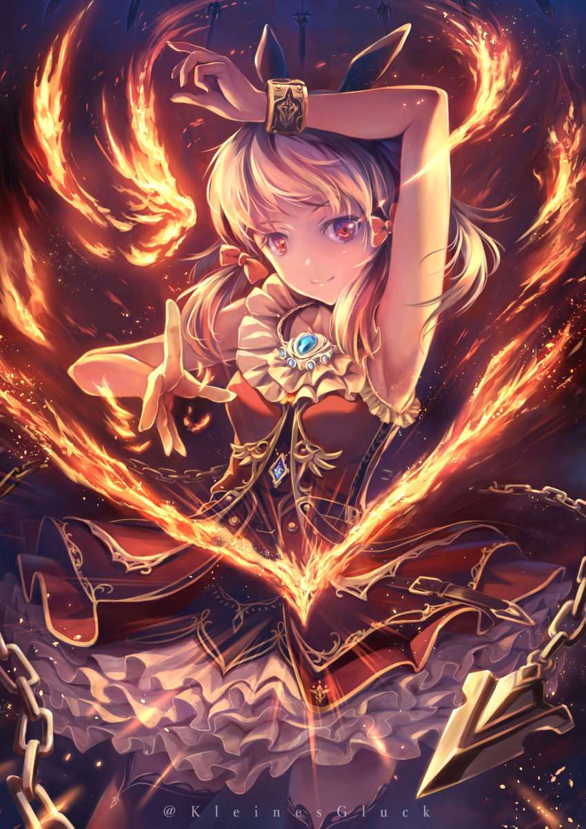 1girl absurdres amulet arm_above_head armpits belt blonde_hair bow chain cowboy_shot dress embers fantasy fire floating_sword floating_weapon frilled_dress frills gold_trim hair_bow highres looking_at_viewer low_twintails original pyrokinesis red_bow red_dress red_eyes smile solo soraizumi sword thighhighs twintails twitter_username