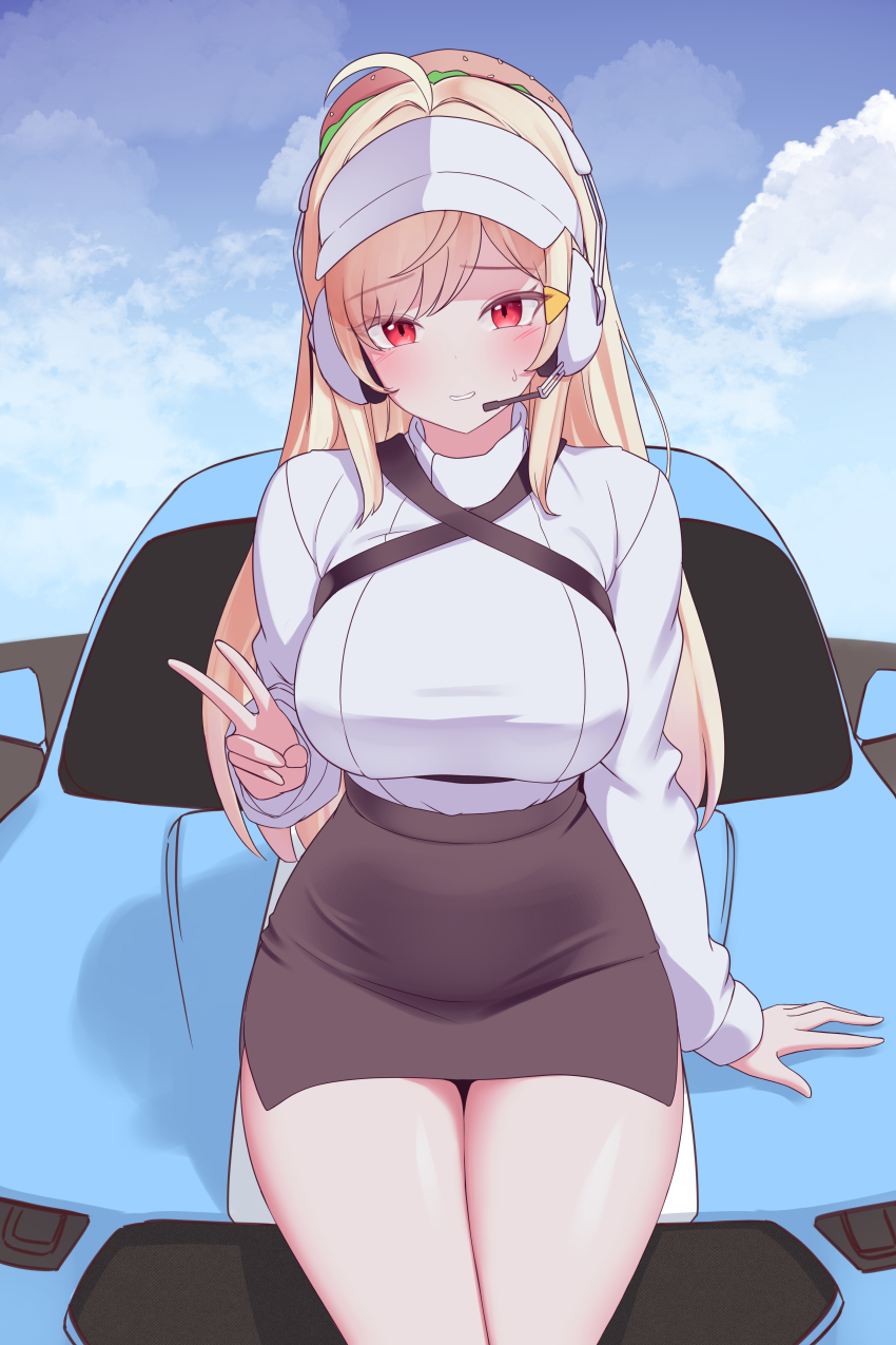 1girl absurdres ahoge bare_legs blonde_hair blue_sky breasts brown_skirt car cloud criss-cross_straps ford ford_mustang ford_mustang_s650 hamburger_hat hat headset highres jingburger large_breasts long_hair long_sleeves looking_at_viewer miniskirt motor_vehicle nervous_smile on_car pencil_skirt red_eyes side_slit sitting skirt sky smile solo sundance0218 sweatdrop sweater swept_bangs very_long_hair virtual_youtuber visor_cap waktaverse white_hat white_sweater