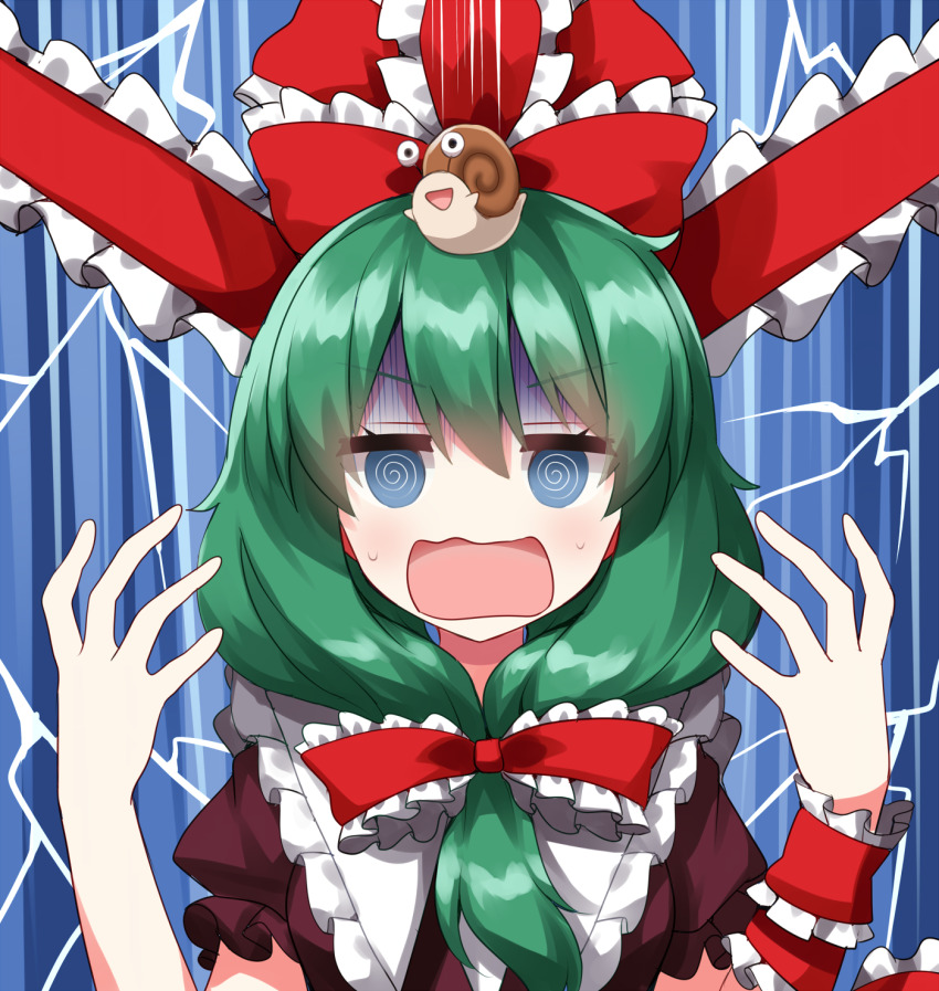 1girl @_@ animal animal_on_head arm_ribbon blue_background blue_eyes bow frilled_bow frilled_ribbon frills front_ponytail green_hair hair_bow hair_ribbon highres kagiyama_hina on_head open_mouth puffy_short_sleeves puffy_sleeves red_bow red_ribbon ribbon ruu_(tksymkw) short_sleeves snail solo surprised touhou upper_body