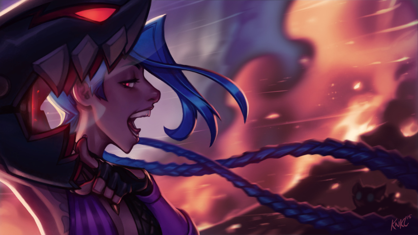 1girl artist_name bikini bikini_top_only blue_hair braid bullet dated female_focus fingerless_gloves fire flat_chest gloves highres jinx_(league_of_legends) kienan_lafferty league_of_legends long_hair open_mouth pink_eyes rocket_launcher solo swimsuit teeth tongue twin_braids very_long_hair weapon