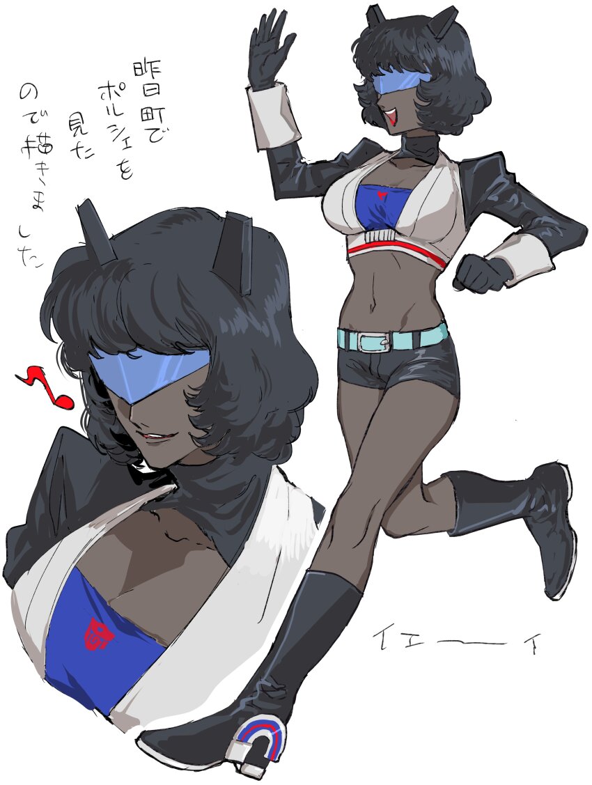 1girl :d absurdres autobot belt bike_shorts black_footwear black_hair black_shorts blue-tinted_eyewear blue_belt blue_visor bob_cut boots breasts cleavage crop_top dark_skin genderswap genderswap_(mtf) highres jazz_(transformers) knee_boots logo long_sleeves looking_at_viewer looking_to_the_side medium_breasts musical_note navel open_mouth personification robot_ears running shorts skinny smile tatamintatamin tinted_eyewear transformers waving white_background