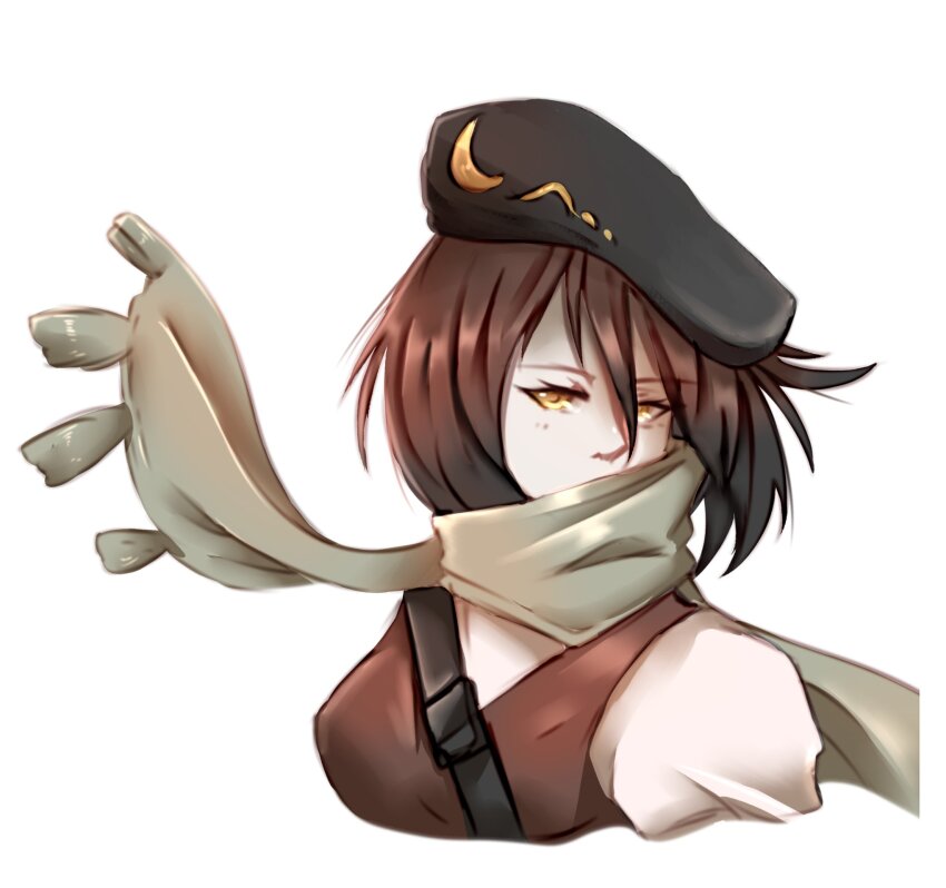 1girl bad_id bad_twitter_id belt belt_buckle beret black_belt black_hat book_of_star_mythology brown_hair brown_vest buckle chest_belt commentary covered_mouth cropped_torso english_commentary eyelashes floating_clothes green_scarf hair_between_eyes hat highres looking_at_viewer luo_qiangwei puffy_sleeves scarf shirt short_hair simple_background solo takatou_tobiko tassel touhou v-neck vest white_background white_shirt yellow_eyes
