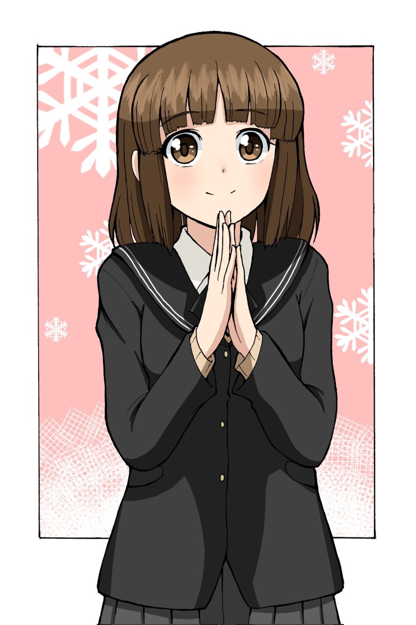 1girl amagami blush brown_eyes brown_hair cardigan collared_shirt commentary_request commission emapippi highres looking_at_viewer medium_hair own_hands_together palms_together school_uniform shirt skeb_commission skirt smile snowflake_print solo tanaka_keiko_(amagami)