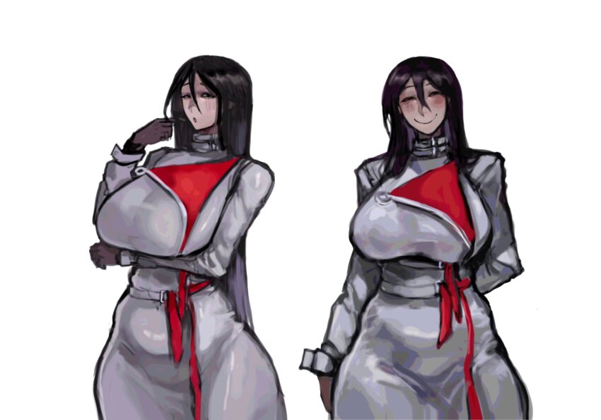 1girl black_hair breasts coat collar curious highres how_to_date_an_entity_(and_stay_alive) large_breasts long_hair looking_at_viewer mrs. original sfour_s4 simple_background smile trench_coat