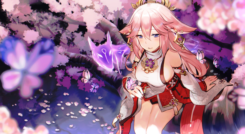 1girl animal_ears breasts bug butterfly cherry_blossoms craytm detached_sleeves earrings fox_ears genshin_impact hair_between_eyes hair_ornament highres insect japanese_clothes jewelry large_breasts long_hair miko pink_hair purple_eyes sitting solo vision_(genshin_impact) yae_miko