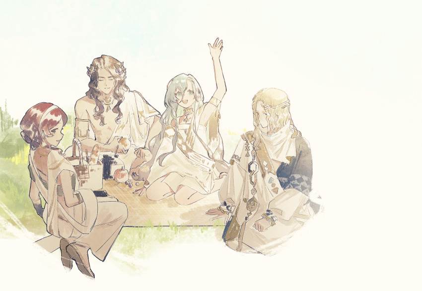 210_(reverse:1999) 2boys 2girls 37_(reverse:1999) 6_(reverse:1999) :d ancient_greek_clothes apple arm_up armlet blonde_hair blue_eyes blue_hair bottle bread brown_hair circlet closed_eyes facing_viewer food food-themed_hair_ornament fruit grape_hair_ornament grass greco-roman_clothes green_eyes hair_between_eyes hair_bun hair_ornament highres himation holding holding_food holding_fruit jewelry jiaji long_hair looking_at_viewer multiple_boys multiple_girls on_grass open_mouth picnic picnic_basket picnic_blanket profile red_hair reverse:1999 sandals seiza single_off_shoulder sitting smile sophia_(reverse:1999) toga very_long_hair white_background yokozuwari