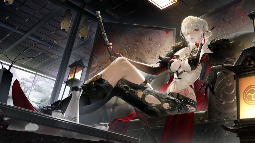1girl absurdres alpha:_crimson_weave_(pgr) alpha:_crimson_weave_(tsubaki)_(pgr) alpha_(pgr) alternate_costume asymmetrical_legwear breasts chair coat coat_on_shoulders crossed_legs cup flower_tattoo hair_between_eyes heterochromia highres holding holding_sword holding_weapon indoors katana lantern large_breasts looking_at_viewer official_alternate_costume official_art on_chair paper_lantern punishing:_gray_raven red_eyes sitting solo stomach_tattoo sword tattoo weapon white_hair yanderenasa yellow_eyes