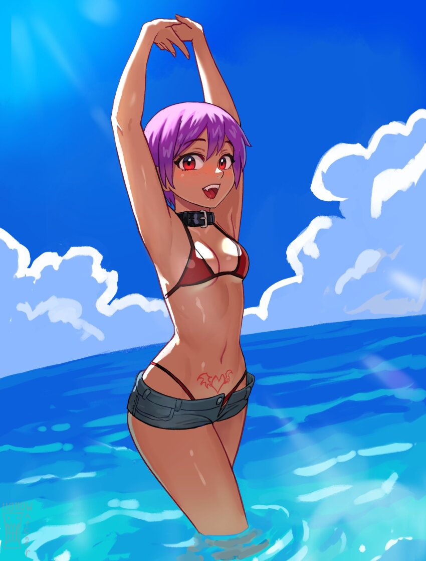 1girl absurdres arms_up bare_shoulders bikini black_choker breasts choker darkstalkers highres lilith_(darkstalkers) looking_at_viewer navel ocean open_mouth outdoors pubic_tattoo purple_hair red_eyes short_hair shorts small_breasts solo swimsuit tan tattoo watcher_hollow