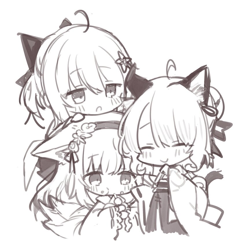 3girls animal_ears arknights cat_ears cat_girl cat_tail closed_eyes fox_ears fox_girl fox_tail greyscale highres japanese_clothes kimono kitsune kyuubi mint_(arknights) mint_(tsukiyoi)_(arknights) monochrome multiple_girls multiple_tails nuudoru official_alternate_costume scene_(arknights) scene_(betsushi)_(arknights) simple_background suzuran_(arknights) suzuran_(yukibare)_(arknights) tail