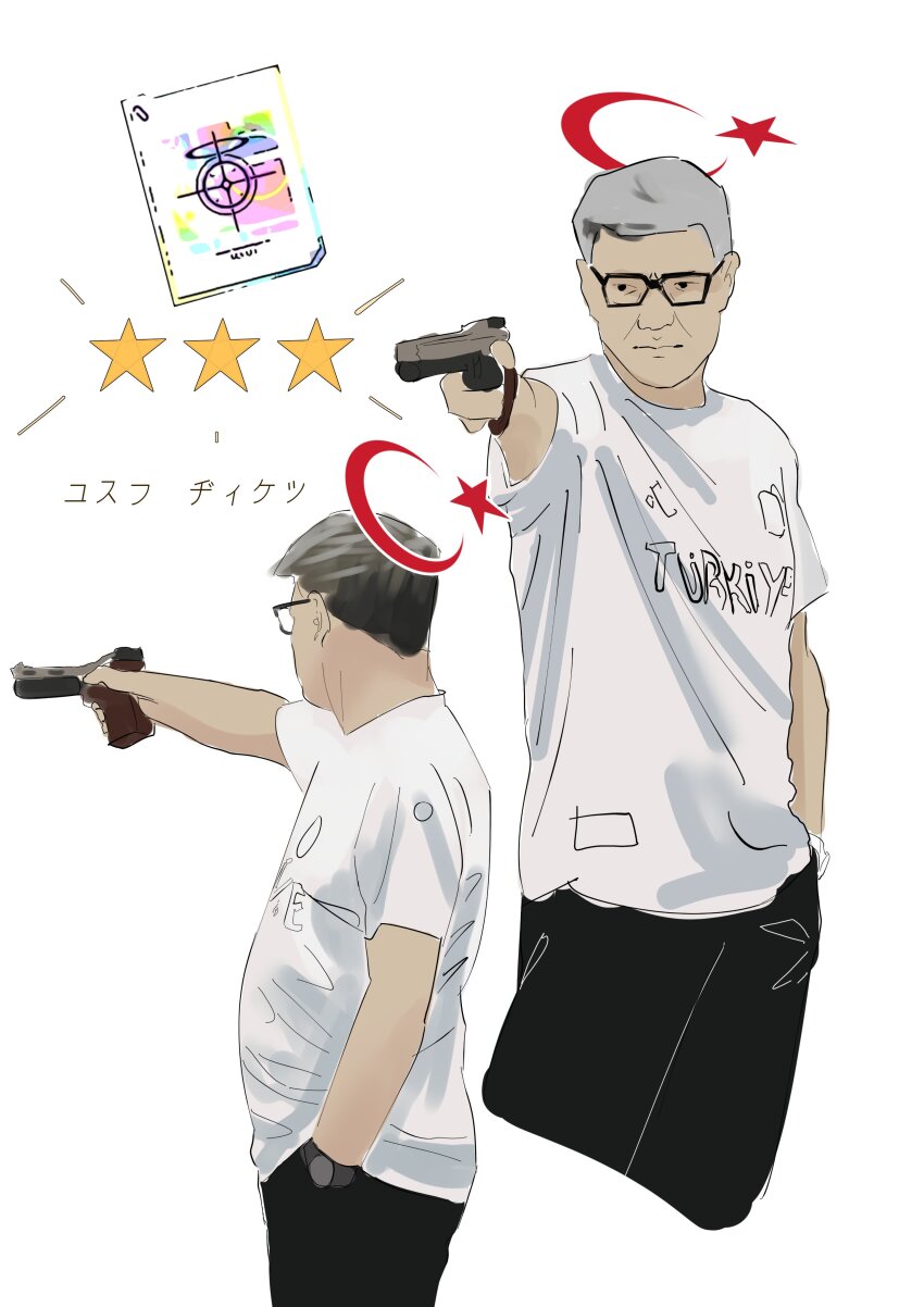 1boy 2024_summer_olympics absurdres black_pants blue_archive character_name cyrilashnmsh gacha_(game_mechanic) glasses grey_hair gun halo hand_in_pocket highres holding holding_gun holding_weapon multiple_views olympics pants real_life red_halo shirt short_sleeves simple_background sketch turkey_(country) watch weapon white_shirt wristwatch yusuf_dikec yusuf_dikec_(meme)