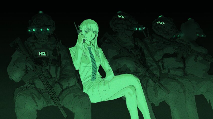 1girl 4others absurdres ar-15 blue_eyes bulletproof_vest colored_eyelashes combat_helmet commentary dark_background earpiece english_commentary green_theme gun helmet highres holding holding_gun holding_radio holding_weapon jormungand_(manga) koko_hekmatyar mask multiple_others necktie night_vision_device parted_lips peinlike pencil_skirt rifle scope shirt simple_background sitting skirt striped_necktie suppressor trigger_discipline weapon white_eyelashes white_hair white_shirt