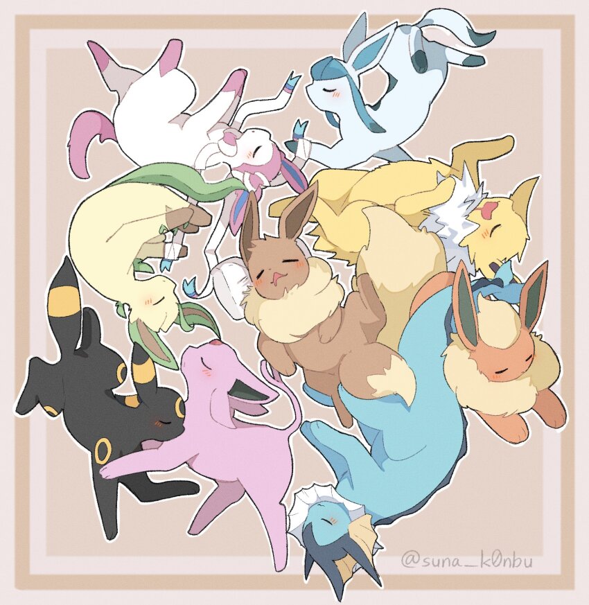 abstract_background animal_focus artist_name black_fur blush border closed_eyes eevee espeon everyone fins flareon gen_1_pokemon gen_2_pokemon gen_4_pokemon gen_6_pokemon glaceon highres jolteon leafeon multicolored_fur nintendo no_humans open_mouth orange_fur outline pillow pink_fur pokemon pokemon_(creature) pokemon_focus sleeping smile suna_k0nbu sylveon umbreon vaporeon white_fur white_outline yellow_fur
