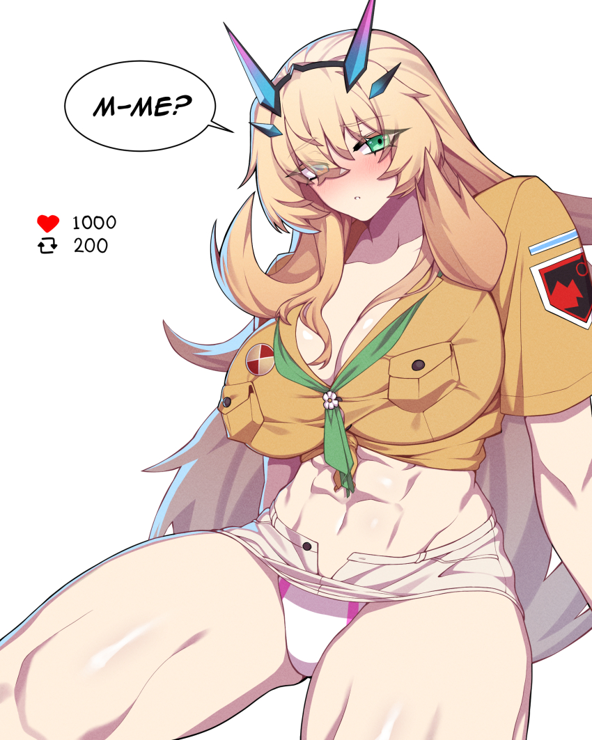 1girl abs absurdres barghest_(fate) barghest_(swimsuit_archer)_(fate) barghest_(swimsuit_archer)_(first_ascension)_(fate) biceps blonde_hair breasts cleavage english_text fate/grand_order fate_(series) green_eyes grey_skirt highres hyperbudd large_breasts long_hair looking_at_viewer microskirt midriff muscular muscular_female navel neckerchief pencil_skirt shirt short_sleeves sidelocks skirt thick_thighs thighs tied_shirt yellow_shirt