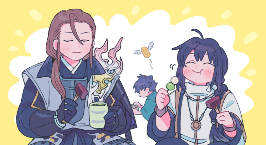 1other 2boys ahoge androgynous armor black_hair blue_kimono blush bracelet brown_hair closed_eyes coin cup dango eating fate/samurai_remnant fate_(series) food gold gold_coin green_tea hair_intakes hair_slicked_back happy japanese_armor japanese_clothes jewelry kataginu kimono koban_(gold) kote long_hair low_ponytail miyamoto_iori_(fate) money_bag multiple_boys necklace oneroom-disco ponytail samurai sanshoku_dango sidelocks sitting skewer smile tea topknot wagashi yagyuu_munenori_(fate) yamato_takeru_(fate) youkan_(food) yunomi