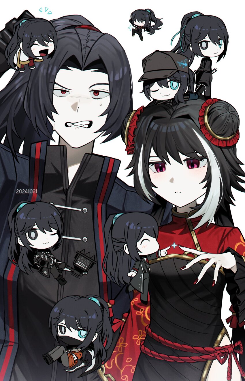 1girl 6+boys absurdres asdf1211950 black_coat black_hair chibi clenched_teeth closed_mouth coat cropped_jacket fanghunt_office_(identity)_(project_moon) frilled_sleeves frills gold_trim high_ponytail highres hong_lu_(project_moon) hook_office_(identity)_(project_moon) jacket jia_huan_(project_moon) jia_xichun_(project_moon) kurokumo_clan_(identity)_(project_moon) limbus_company liu_association_(identity)_(project_moon) long_hair mandarin_collar multicolored_hair multiple_boys one_eye_closed parted_bangs pink_eyes ponytail project_moon red_eyes red_jacket red_nails red_rope rope shrug_(clothing) simple_background streaked_hair teeth twintails very_long_hair w w_corp._(identity)_(project_moon) wide-eyed