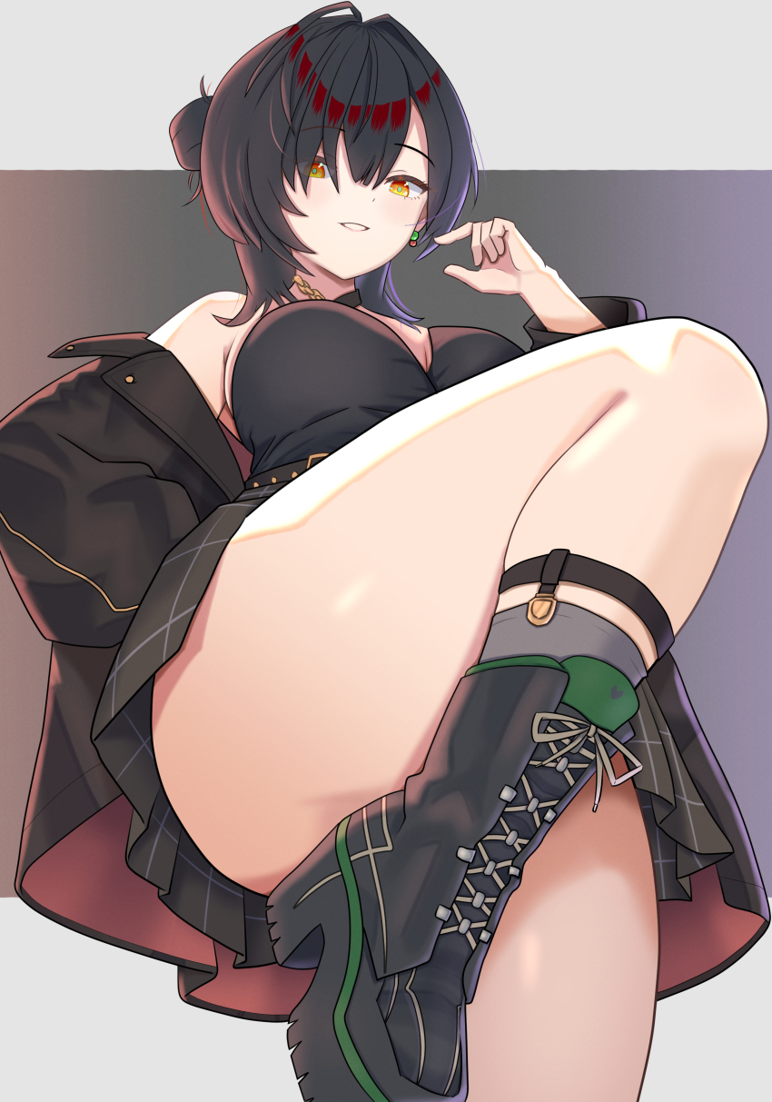 1girl absurdres bare_shoulders black_boots black_hair black_jacket black_shirt black_skirt boots breasts bystander_hwayoung_(epic_seven) commentary_request convenient_leg epic_seven from_below grin hair_bun hand_up highres hwayoung_(epic_seven) jacket konjou leg_up looking_at_viewer looking_down medium_breasts medium_hair miniskirt off_shoulder pleated_skirt shirt skirt sleeveless sleeveless_shirt smile solo standing standing_on_one_leg thick_thighs thighs yellow_eyes