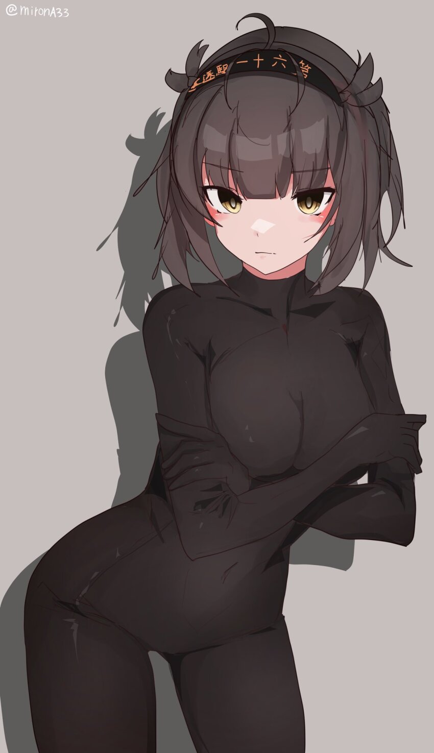 1girl black_bodystocking black_bodysuit black_gloves bodystocking bodystocking_only bodysuit bodysuit_only elbow_gloves gloves hatsuzuki_(kancolle) highres kantai_collection looking_at_viewer miron_(mirona33)